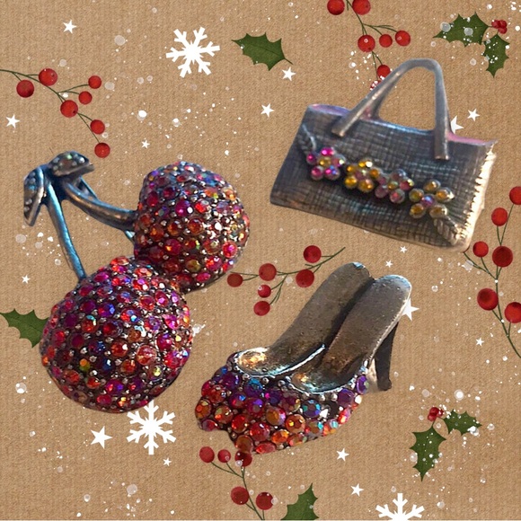 LOT of 3 VINTAGE Brooches in Pink & Blue Cherries/Handbag/and Heels/Rhinestones - Picture 6 of 12